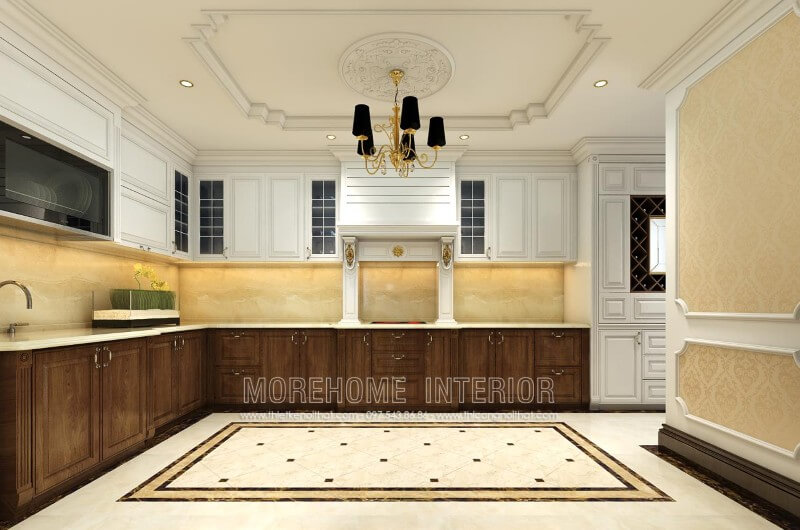 Mẫu thiết kế tủ bếp tân cổ điển được làm từ gỗ óc chó nhập khẩu cao cấp, các đường nét chạm khắc nhẹ nhàng tạo sự sang trọng không rối mắt người nhìn. Thiết kế và sản xuất tủ bếp đẹp