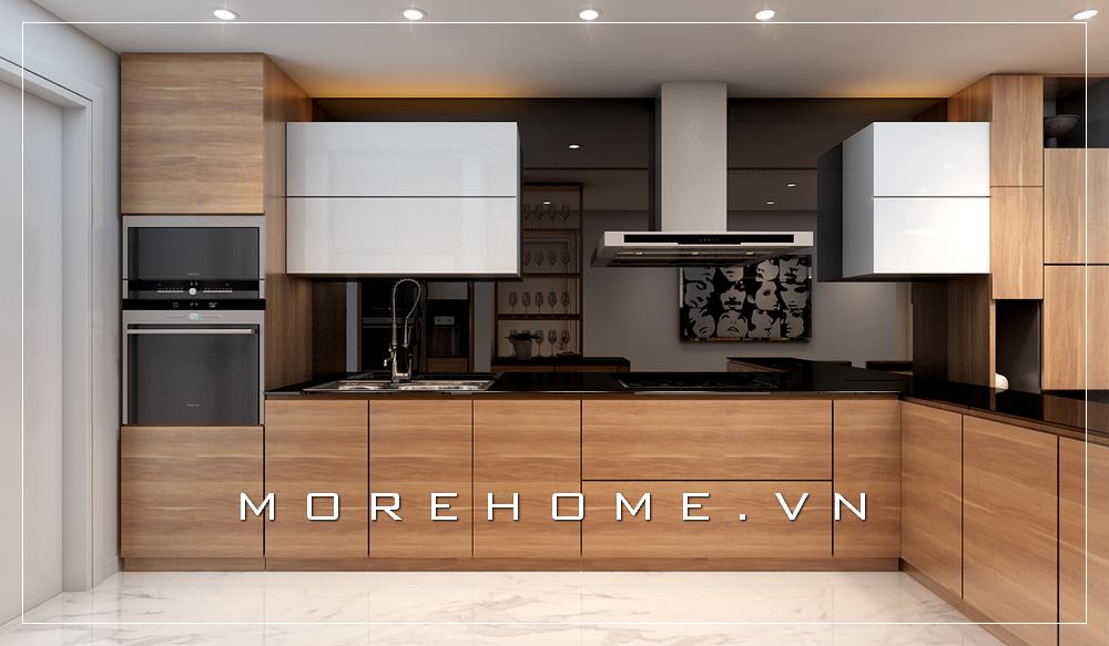 Mẫu tủ bếp gỗ công nghiệp tông màu nâu sáng, mặt tủ ốp đá bếp màu đen cao cấp mang đến căn bếp sạch sẽ và tiện nghi nhất cho người nội trợ Thiết kế và sản xuất tủ bếp đẹp