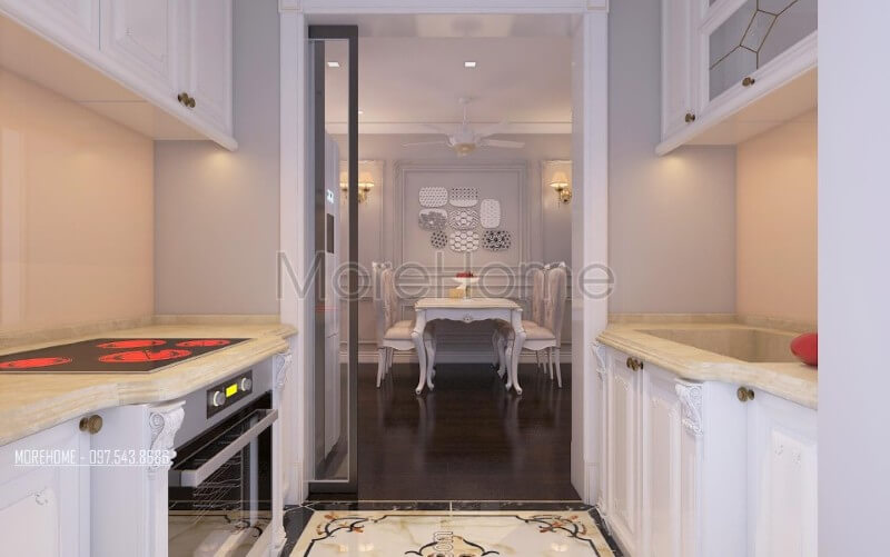 Mẫu tủ bếp tân cổ điển được phân chia hệ tủ một cách hợp lí, vừa dễ dàng nấu nướng, vừa lưu trữ vật dụng nấu nướng, gia vị... một cách phù hợp. Tủ bếp hiện đại, tủ bếp chữ u, tủ bếp chữ i, tủ bếp chữ l