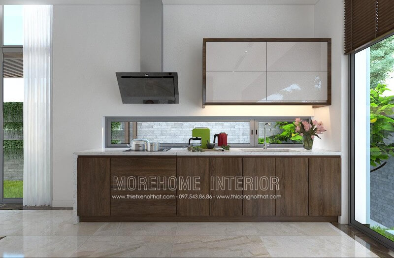 Thiết kế tủ bếp gỗ nhập khẩu kết hợp Acrylic là sự lựa chọn lý tưởng cho các không gian nhỏ khiến căn bếp biệt thự như rộng thoáng hơn so với thực tế mà vẫn toát lên vẻ sang trọng, đẳng cấp Tủ bếp hiện đại, tủ bếp chữ u, tủ bếp chữ i, tủ bếp chữ l