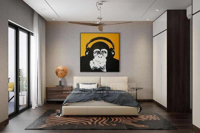 Tranh con vật ngộ nghĩnh tạo điểm nhấn ấn tượng cho phòng ngủ hiện đại. Thiết kế nội thất phòng ngủ biệt thự