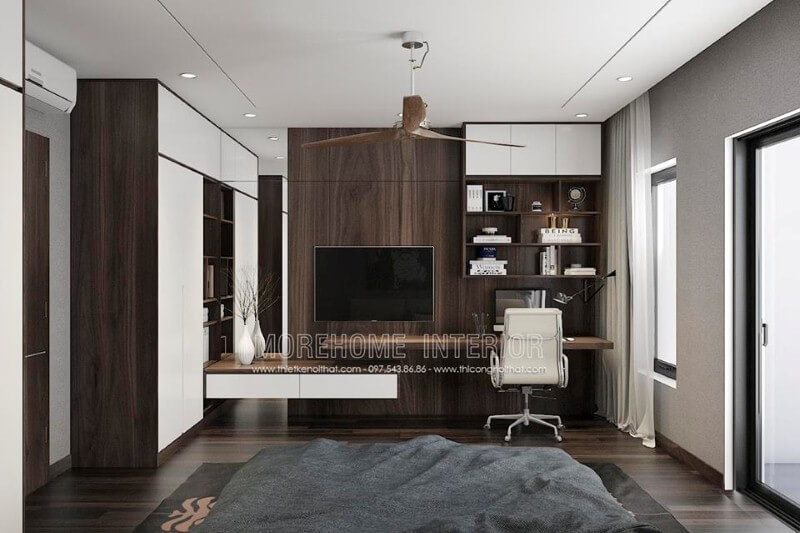 Tấm ốp tường gỗ vân gỗ óc chó đẹp cho không gian phòng ngủ hiện đại. Thiết kế nội thất phòng ngủ biệt thự