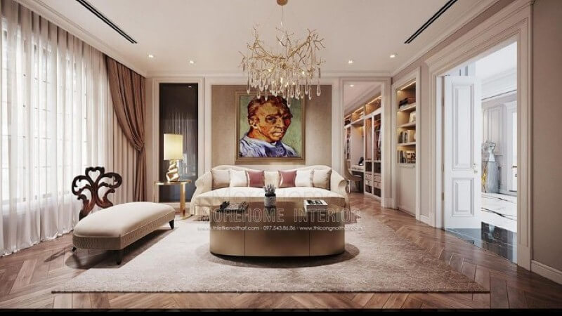 Bộ sofa đơn cao cấp cùng điểm nhấn tranh chân dung họa sĩ Van Gogh tuyệt đẹp đã tạo nên nét sang trọng, độc đáo cho phòng giải trí trong phòng ngủ. Thiết kế nội thất phòng ngủ biệt thự