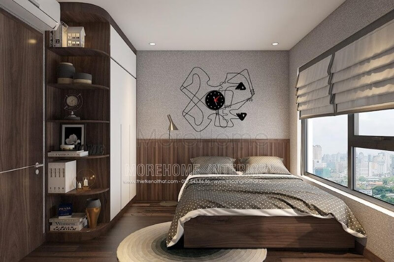 Thảm trải sàn tròn nhỏ vừa giúp đôi chân bạn không bị lạnh khi bước xuống giường vừa tạo cảm giác thông thoáng cho căn phòng. Thiết kế phòng ngủ biệt thự