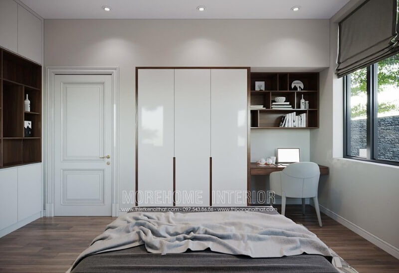 Góc học tập được trang trí đơn giản đẹp cho phòng ngủ. Thiết kế phòng ngủ biệt thự